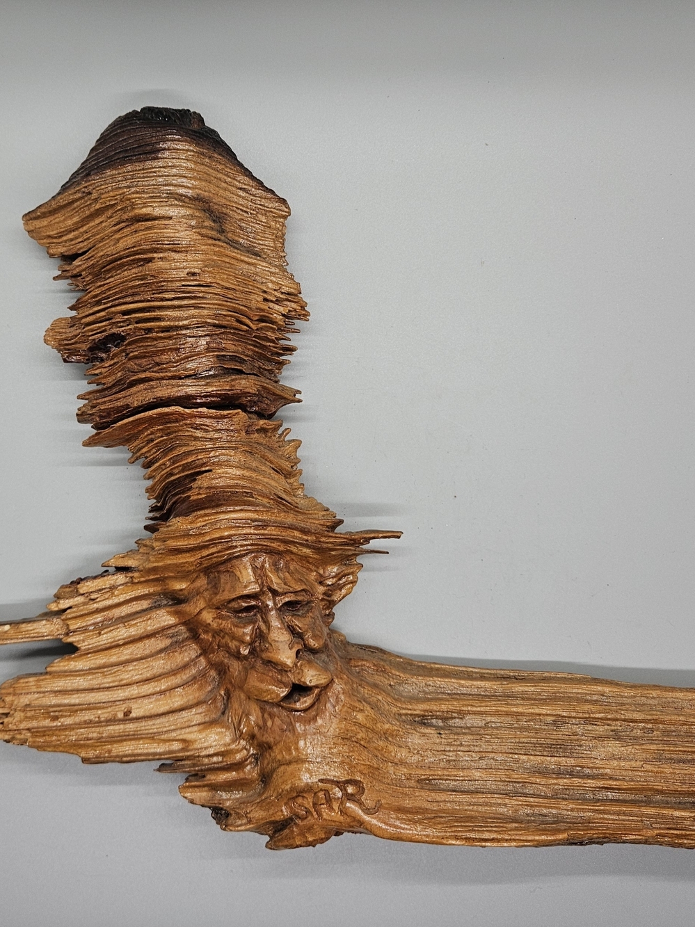 ​Vintage 1979 Signed SAR Hand Carved Cypress Knee Wood Spirit Wall Sculpture